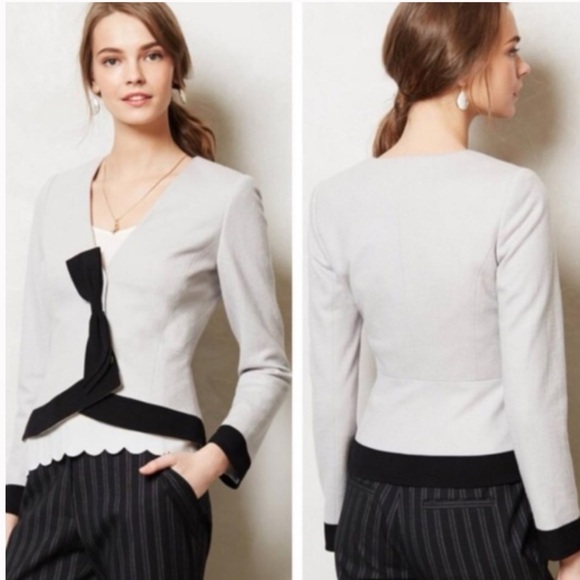 Anthropologie Elevenses Grey Black Bow Wool blend Blazer Jacket size 12 - Picture 1 of 13